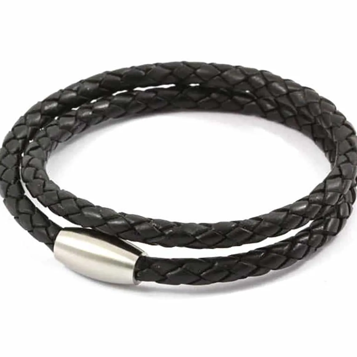 Armbånd i sort læder med mat stål.