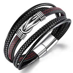 Fiberlæder armbånd med røde stik og rustfrit stål.