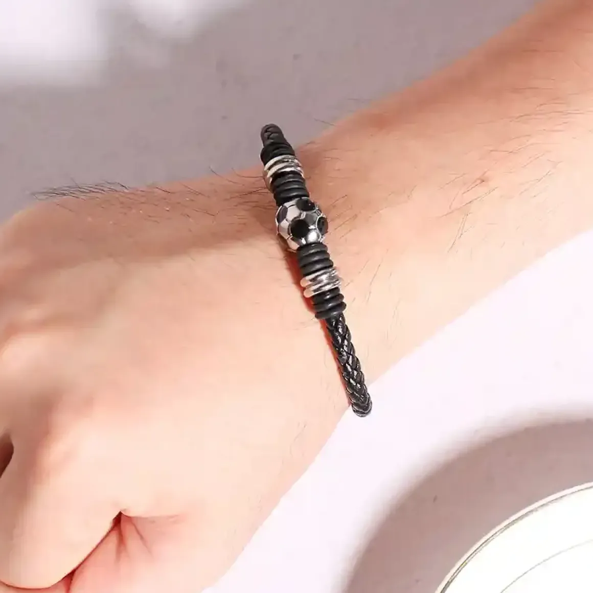 Fodbold Passion Herrearmbånd i Læder & Stål