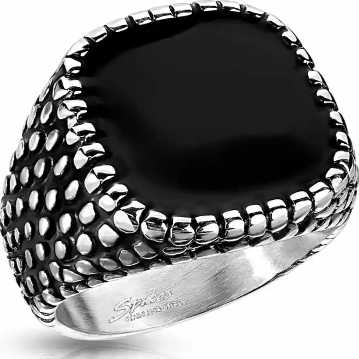 Herrering i stål med sort sten