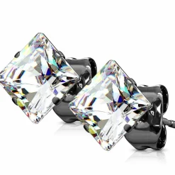 Sort ørestik med CZ 6x6mm "1stk" Achilla