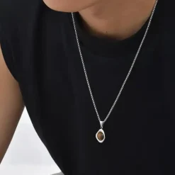 Tigereye sten og rustfri stål halskæde